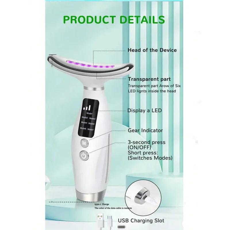 Colour Light Face And Neck Beauty Instrument 7 Modes And 7 Speeds Adjustment With Curved Hand Grip Neck Beauty Instrument